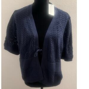 NWT Denim & Co. 100% Cotton Pointelle Elbow Sleeve Tie Cardigan Navy XL Crochet